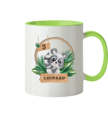 Tasse zweifarbig - Jungle Design mit niedlichen Waschbär Motiv - personalisiert