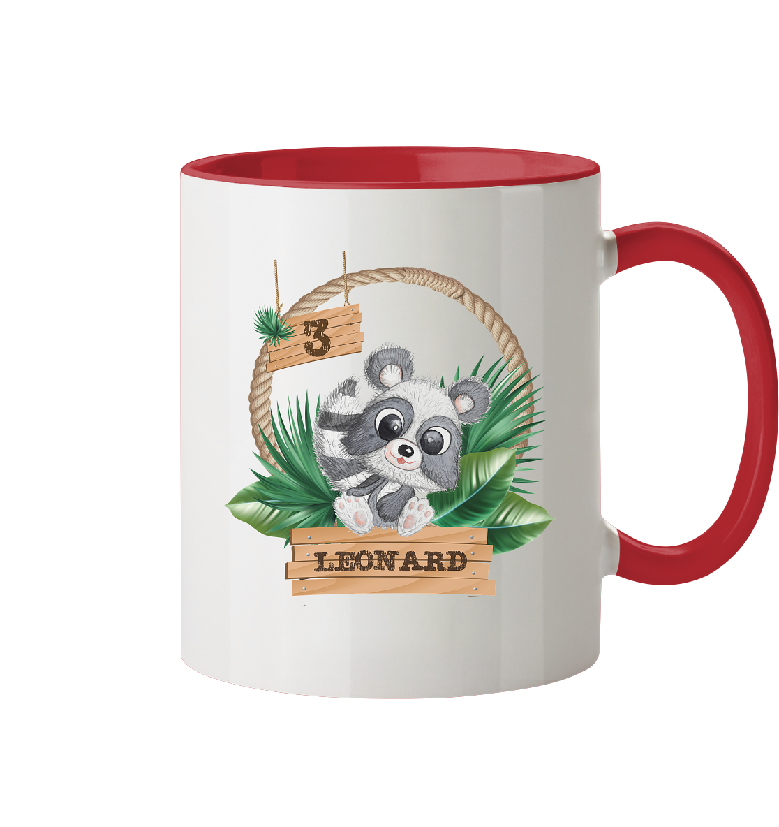 Tasse zweifarbig - Jungle Design mit niedlichen Waschbär Motiv - personalisiert