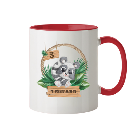 Tasse zweifarbig - Jungle Design mit niedlichen Waschbär Motiv - personalisiert