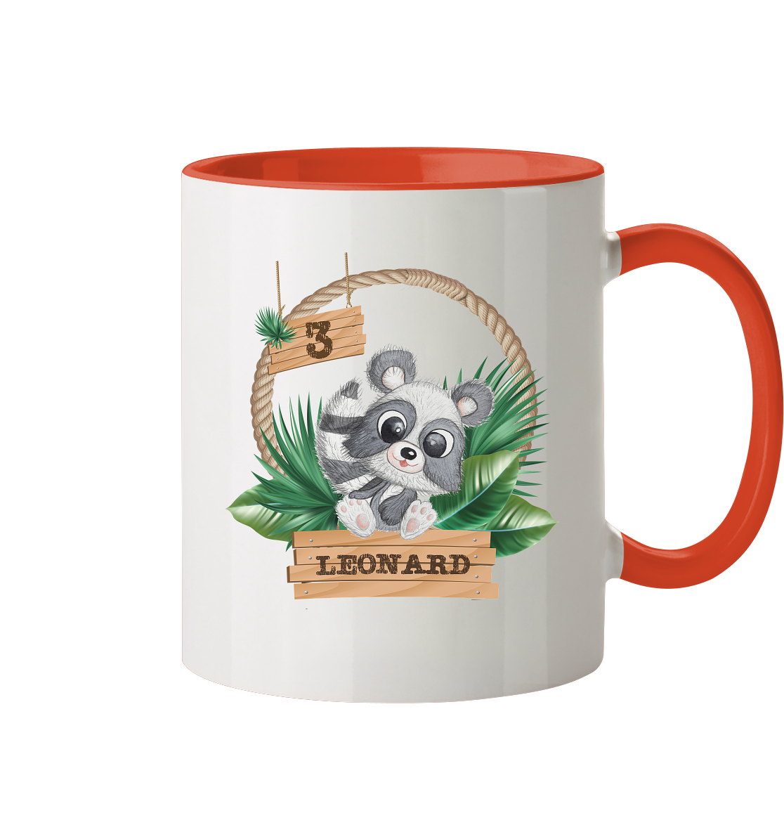 Tasse zweifarbig - Jungle Design mit niedlichen Waschbär Motiv - personalisiert