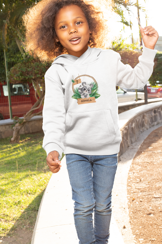 Kids Organic Hoodie -Jungle Design mit niedlichen Waschbär Motiv - personalisiert